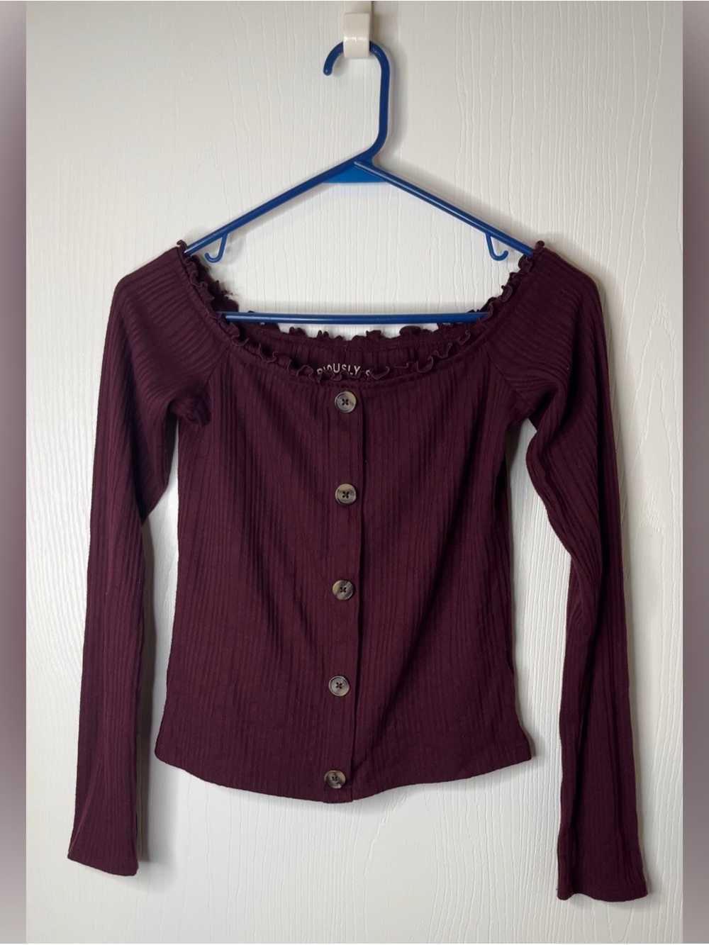 Ribbed Off-Shoulder Button-Front Top